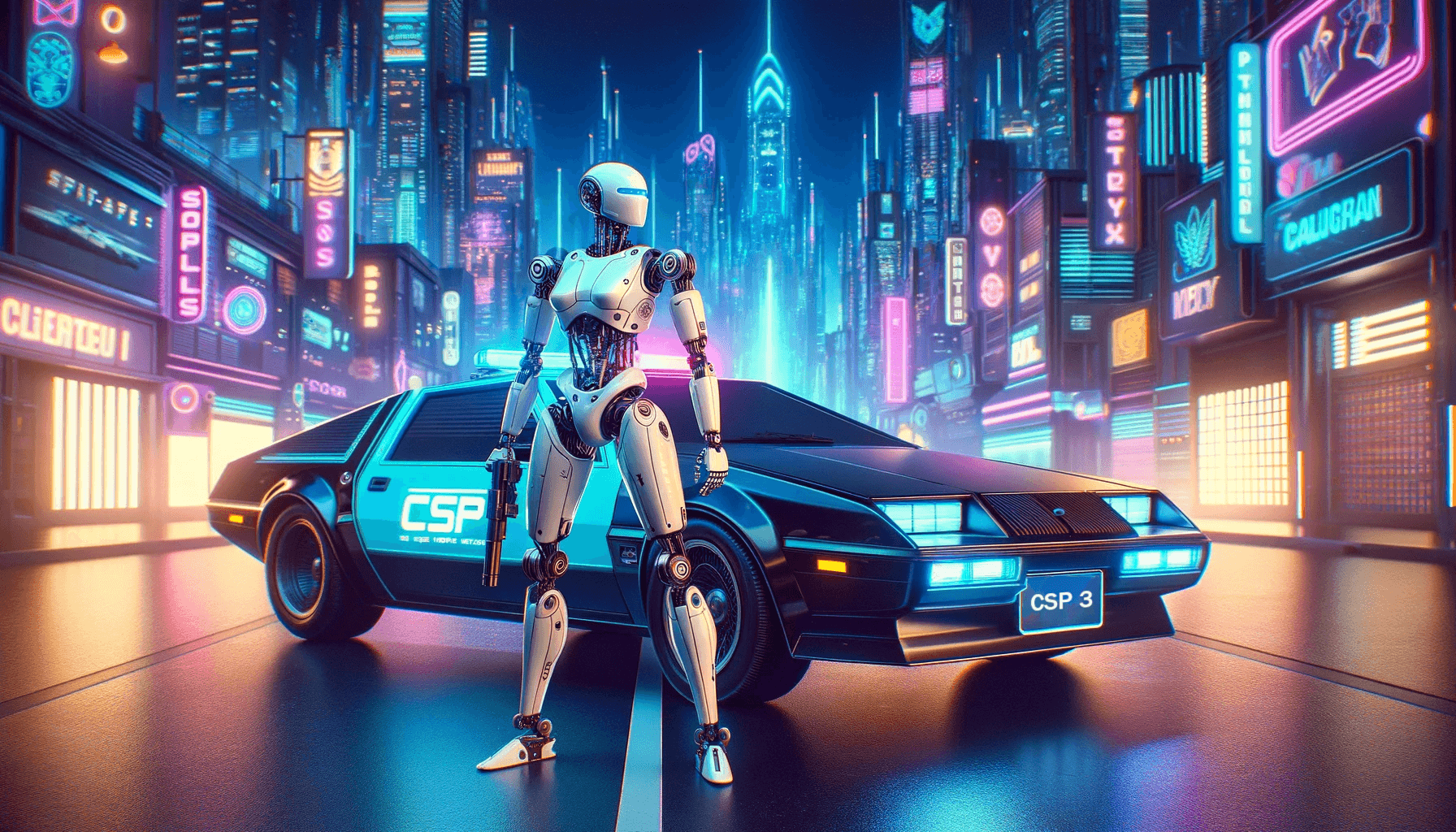 a female robocop, in front of a police car with the text CSP on the side door, in a futuristic city